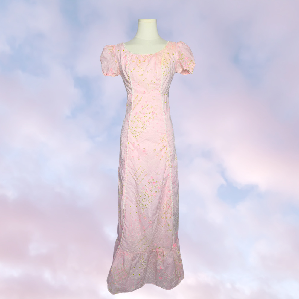60s 70s Vtg Handmade Long Maxi Prairie Cottage Pink Cotton Frill Dress Sz 9